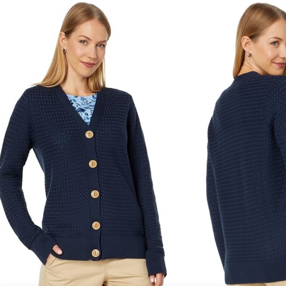 LL Bean 100% Cotton Blue Basketweave Knit Button Front Slouchy Cardigan Sweater